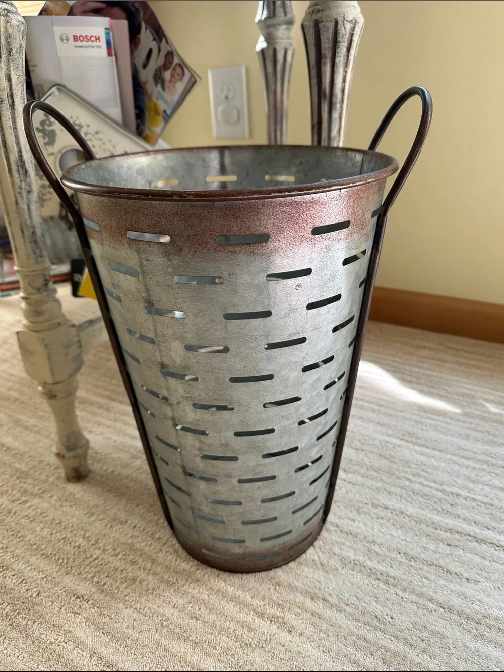 Olive Bucket Basket Vintage Galvanized Metal Vase Decor Farmhouse Country